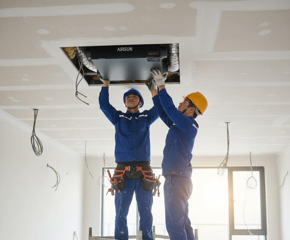 kỹ sư Tiến Thành lắp máy cấp khí tươi chung cư