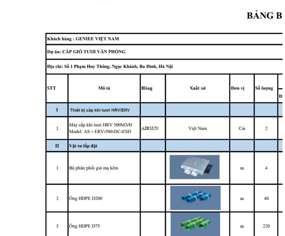 Bảng báo giá thiết bị lắp đặt máy cấp khí tươi gia đình