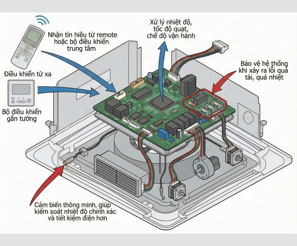 Cấu tạo điều hòa âm trần và nguyên lý hoạt động 4 Bảng mạch điều khiển là trung tâm vận hành của điều hòa âm trần.