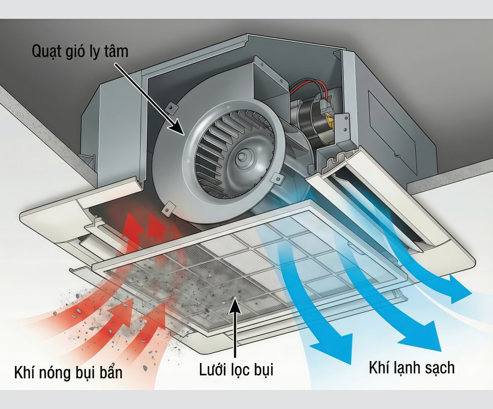 Cấu tạo điều hòa âm trần và nguyên lý hoạt động 2 Dàn lạnh âm trần giấu trọn trong trần, chỉ lộ mặt nạ thổi gió.