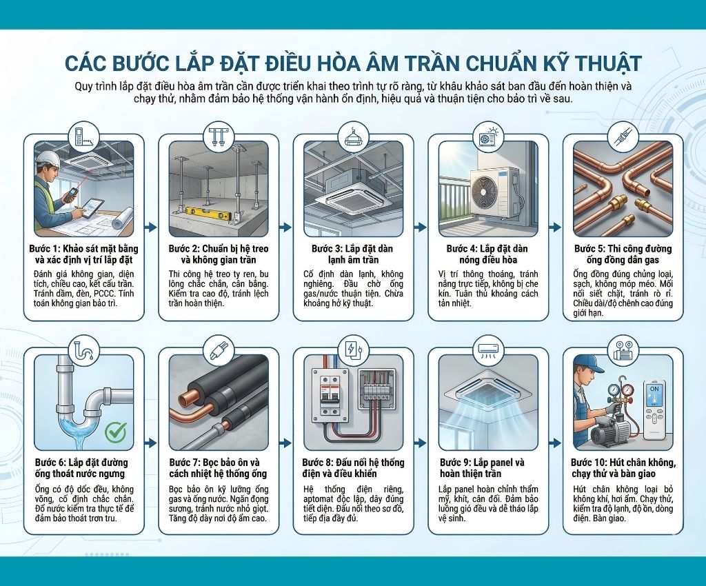 Quy trình lắp đặt điều hòa âm trần theo đúng trình tự kỹ thuật