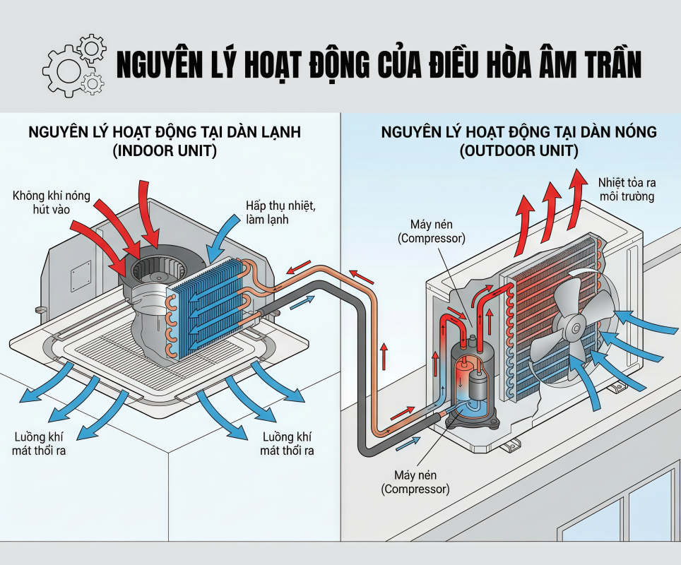 Cấu tạo điều hòa âm trần và nguyên lý hoạt động 5 Nguyên lý hoạt động điều hòa âm trần dựa trên chu trình hấp thụ và xả nhiệt.