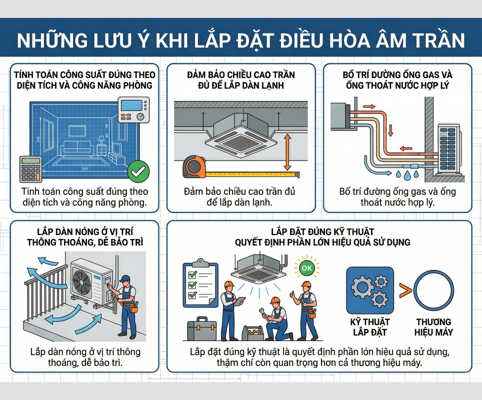 Cấu tạo điều hòa âm trần và nguyên lý hoạt động 6 Lắp đặt chuẩn giúp điều hòa vận hành ổn định và bền hơn