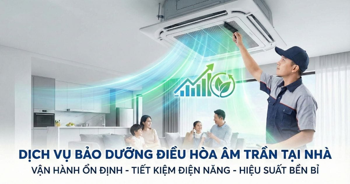 Kỹ thuật viên Tiến Thành Group thực hiện bảo dưỡng điều hòa âm trần trực tiếp tại nhà, đảm bảo hệ thống vận hành ổn định