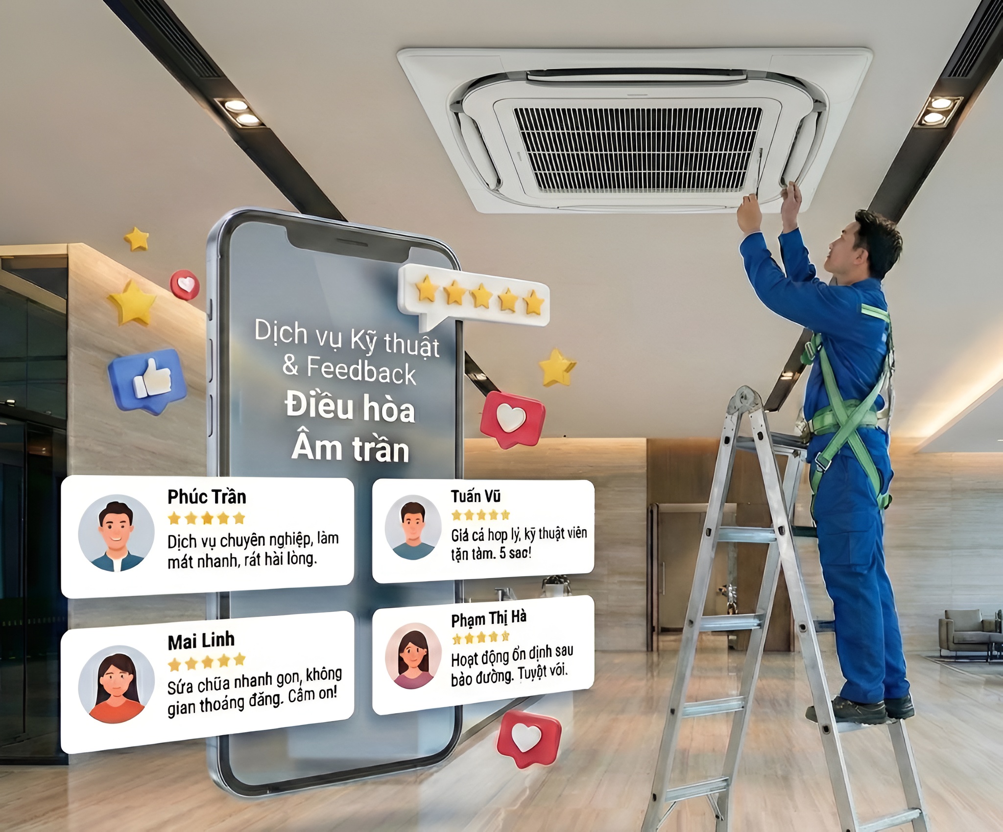 Dịch vụ bảo dưỡng điều hòa âm trần được triển khai theo quy trình kỹ thuật rõ ràng, phù hợp nhiều không gian sử dụng