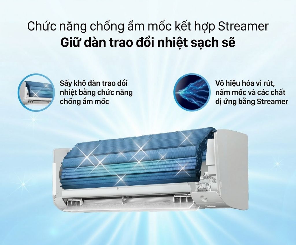 C&ocirc;ng nghệ Streamer kết hợp chức năng chống ẩm mốc gi&uacute;p sấy kh&ocirc; v&agrave; l&agrave;m sạch d&agrave;n trao đổi nhiệt b&ecirc;n trong