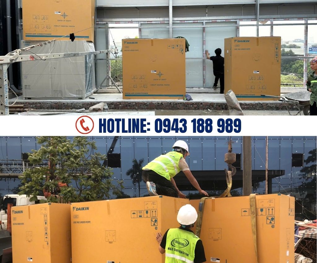 Đội ngũ kỹ thuật vi&ecirc;n Tiến Th&agrave;nh Group thực hiện lắp đặt hệ thống điều h&ograve;a Daikin tại c&ocirc;ng tr&igrave;nh